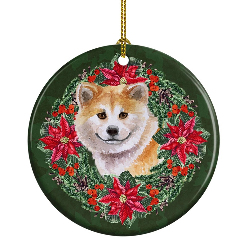 Shiba Inu Poinsetta Wreath Ornament - Round Ceramic Ornament  Artist-Designed Keepsake Decoration