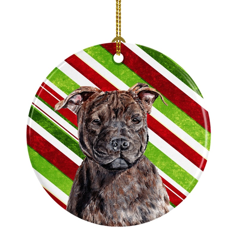 Staffordshire Bull Terrier Staffie Candy Cane Christmas Ornament - Round Ceramic Ornament  Artist-Designed Keepsake Decoration SC9801CO1