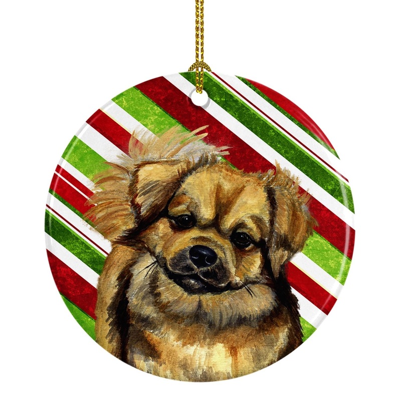 Tibetan Spaniel Candy Cane Holiday Christmas Ornament - Round Ceramic Ornament  Artist-Designed Keepsake Decoration LH9259