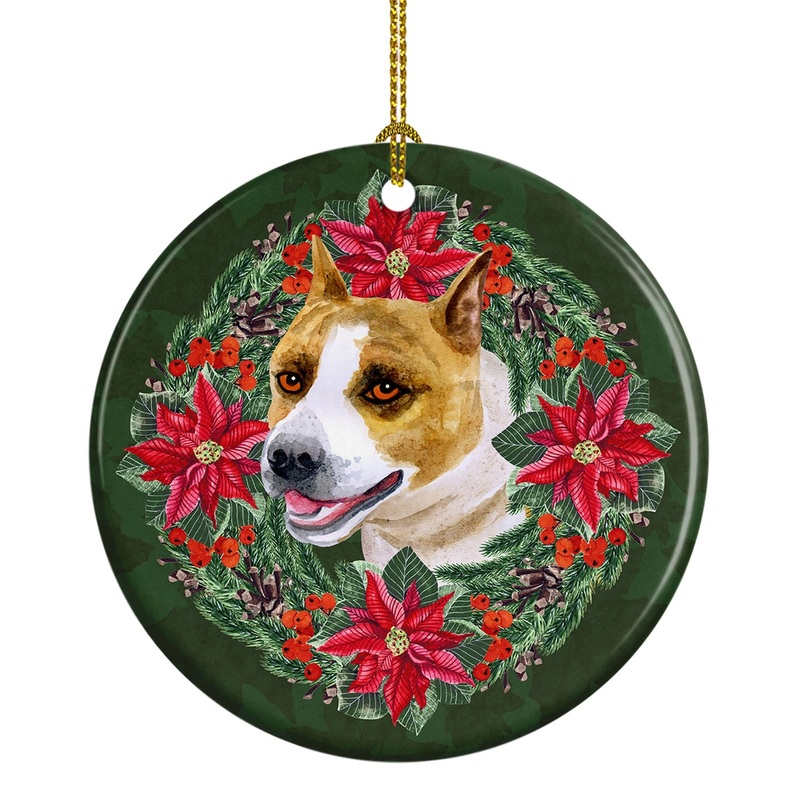 American Staffordshire Poinsetta Wreath Ornament - Round Ceramic Ornament  Artist-Designed Keepsake Decoration