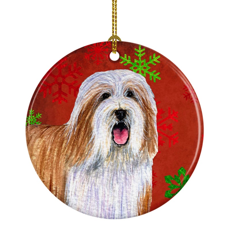 Bearded Collie Red Snowflake Holiday Christmas Ornament - Round Ceramic Ornament  Artist-Designed Keepsake Decoration LH9330
