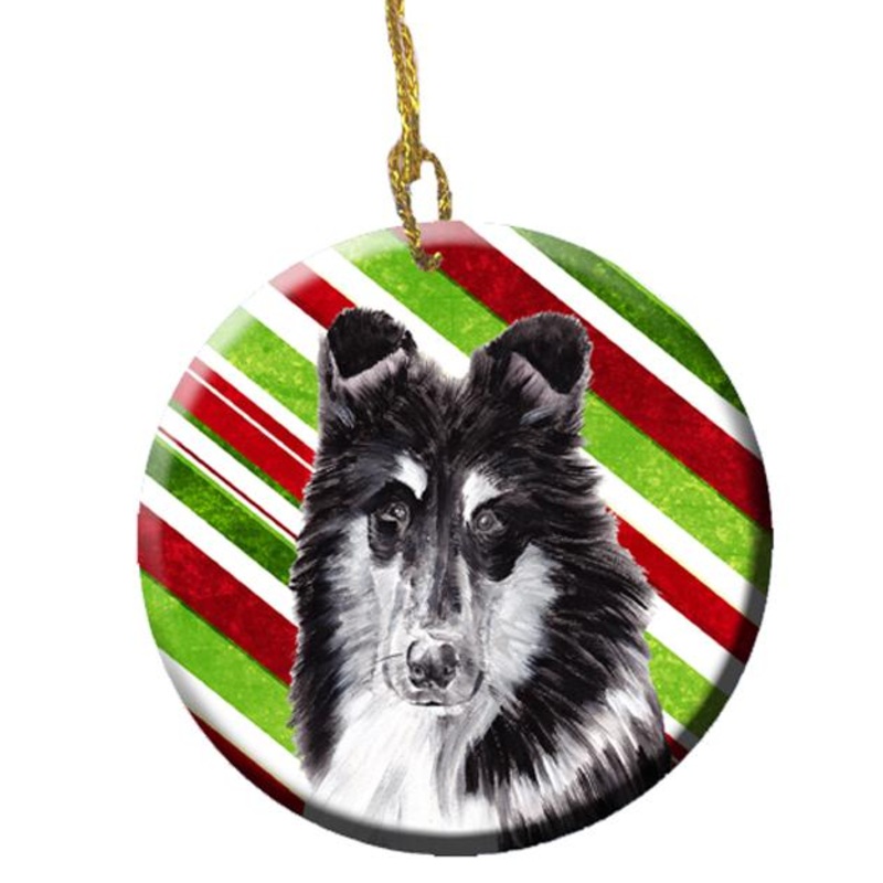 Black and White Collie Candy Cane Christmas Ornament - Round Ceramic Ornament  Artist-Designed Keepsake Decoration SC9798CO1