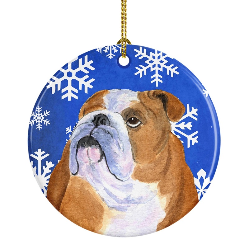 Bulldog English Winter Snowflakes Holiday Christmas Ornament - Round Ceramic Ornament  Artist-Designed Keepsake Decoration SS4629