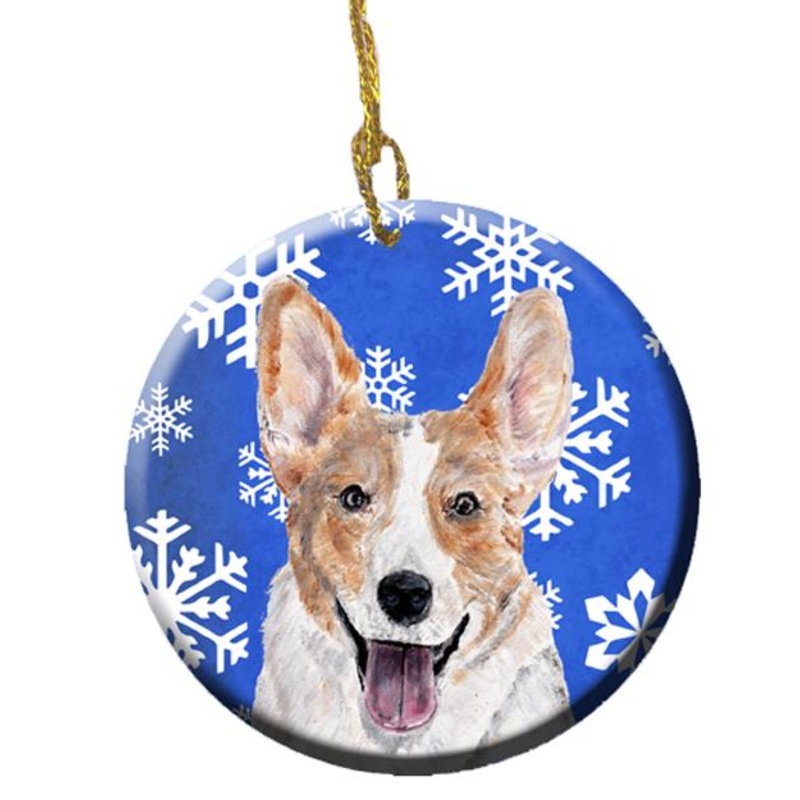 Cardigan Corgi Winter Snowflakes Ornament - Round Ceramic Ornament  Artist-Designed Keepsake Decoration SC9768CO1