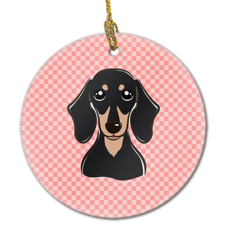 Checkerboard Pink Smooth Black and Tan Dachshund Ceramic Ornament BB1215CO1