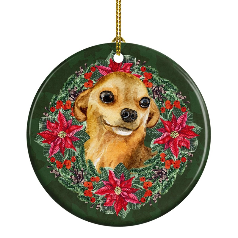 Chihuahua Poinsetta Wreath Ornament - Round Ceramic Ornament  Artist-Designed Keepsake Decoration