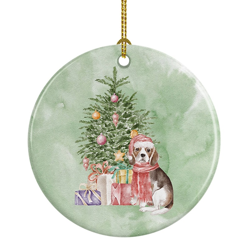 Christmas Beagle Puppy Ornament - Round Ceramic Ornament  Artist-Designed Keepsake Decoration