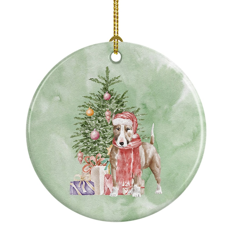 Christmas Bull Terrier Red Ornament - Round Ceramic Ornament  Artist-Designed Keepsake Decoration