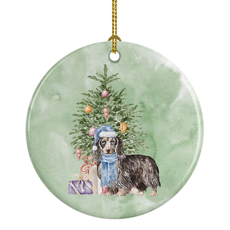 Christmas Dachshund Longhair Black Tan Ornament - Round Ceramic Ornament  Artist-Designed Keepsake Decoration