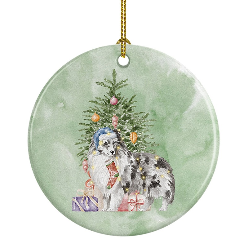 Christmas Sheltie Shetland Sheepdog Blue Merle Ornament - Round Ceramic Ornament  Artist-Designed Keepsake Decoration