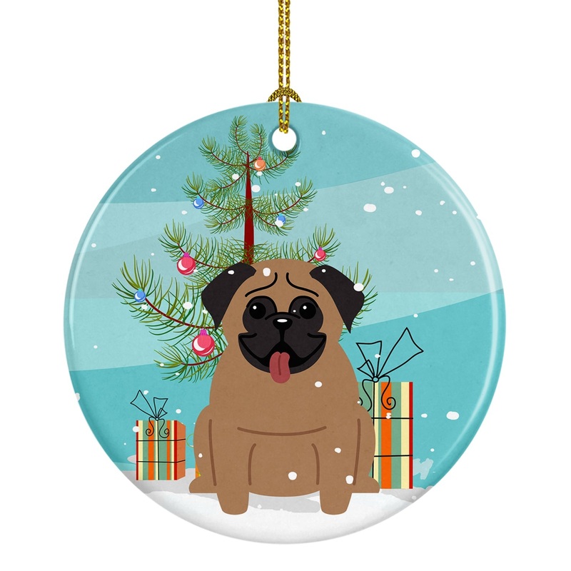 Merry Christmas Tree Pug Brown Ornament - Round Ceramic Ornament  Artist-Designed Keepsake Decoration BB4130CO1