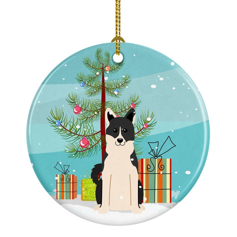 Merry Christmas Tree Russo-European Laika Spitz Ornament - Round Ceramic Ornament  Artist-Designed Keepsake Decoration BB4154CO1