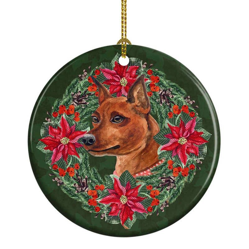 Miniature Pinscher Poinsetta Wreath Ornament - Round Ceramic Ornament  Artist-Designed Keepsake Decoration
