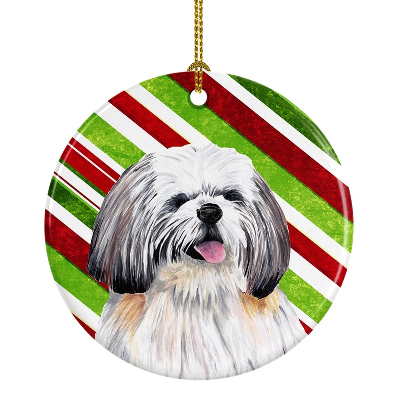 Shih Tzu Candy Cane Holiday Christmas  Ornament - Round Ceramic Ornament  Artist-Designed Keepsake Decoration SC9343