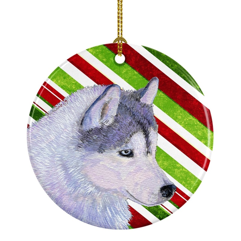 Siberian Husky Candy Cane Holiday Christmas Ornament - Round Ceramic Ornament  Artist-Designed Keepsake Decoration SS4533