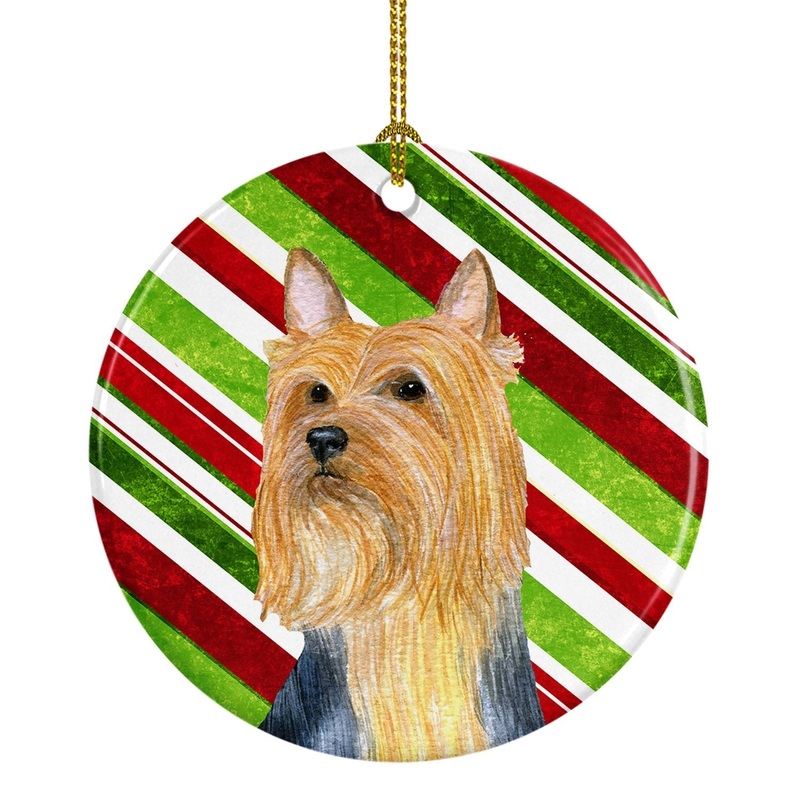 Silky Terrier Candy Cane Holiday Christmas Ornament - Round Ceramic Ornament  Artist-Designed Keepsake Decoration LH9226