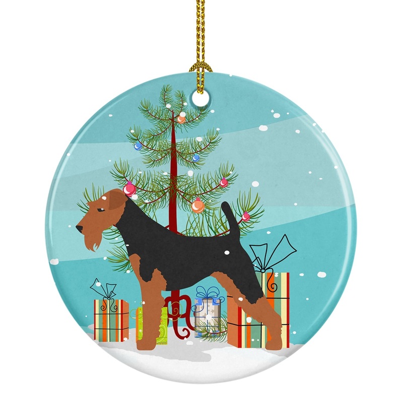 Welsh Terrier Merry Christmas Tree Ornament - Round Ceramic Ornament  Artist-Designed Keepsake Decoration BB2903CO1