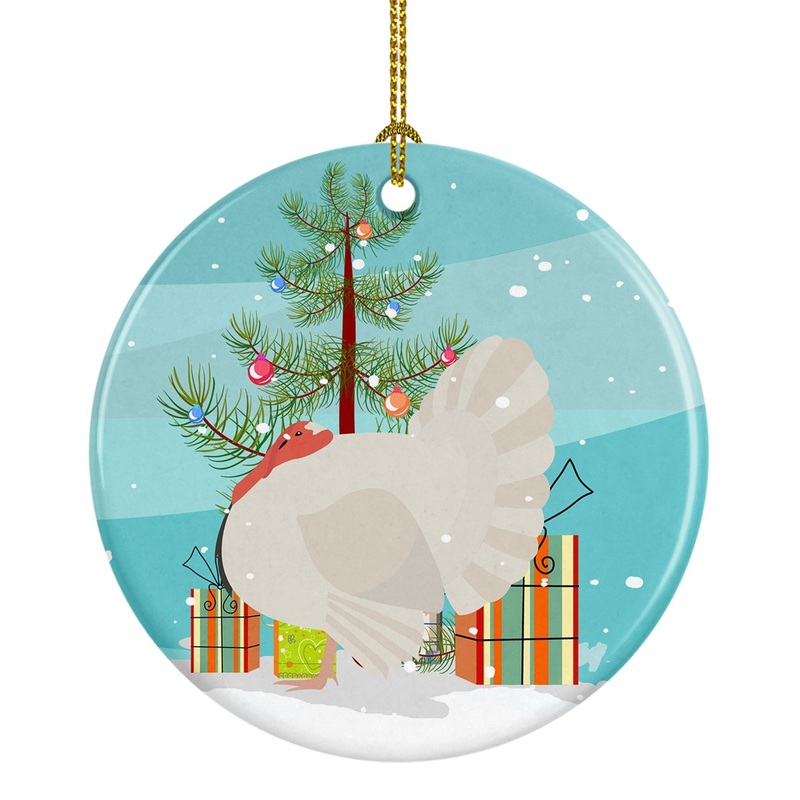 White Holland Turkey Christmas Ornament - Round Ceramic Ornament  Artist-Designed Keepsake Decoration BB9350CO1