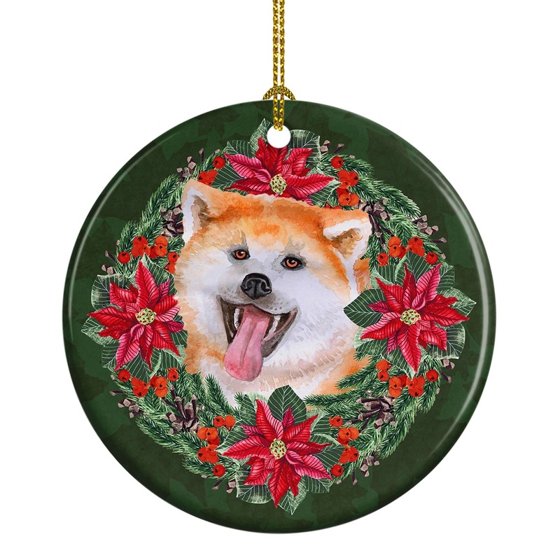 Akita Poinsetta Wreath Ornament - Round Ceramic Ornament  Artist-Designed Keepsake Decoration