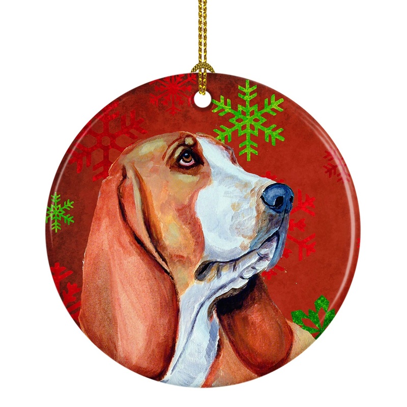 Basset Hound Red Snowflake Holiday Christmas Ornament - Round Ceramic Ornament  Artist-Designed Keepsake Decoration LH9332