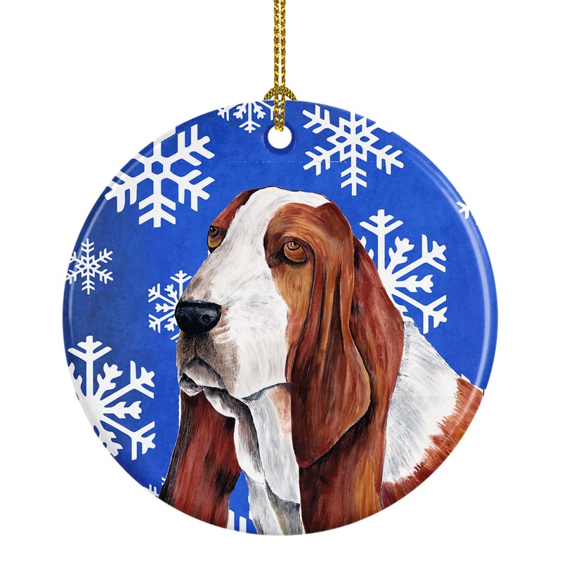 Basset Hound Winter Snowflakes Holiday Ornament - Round Ceramic Ornament  Artist-Designed Keepsake Decoration SC9372