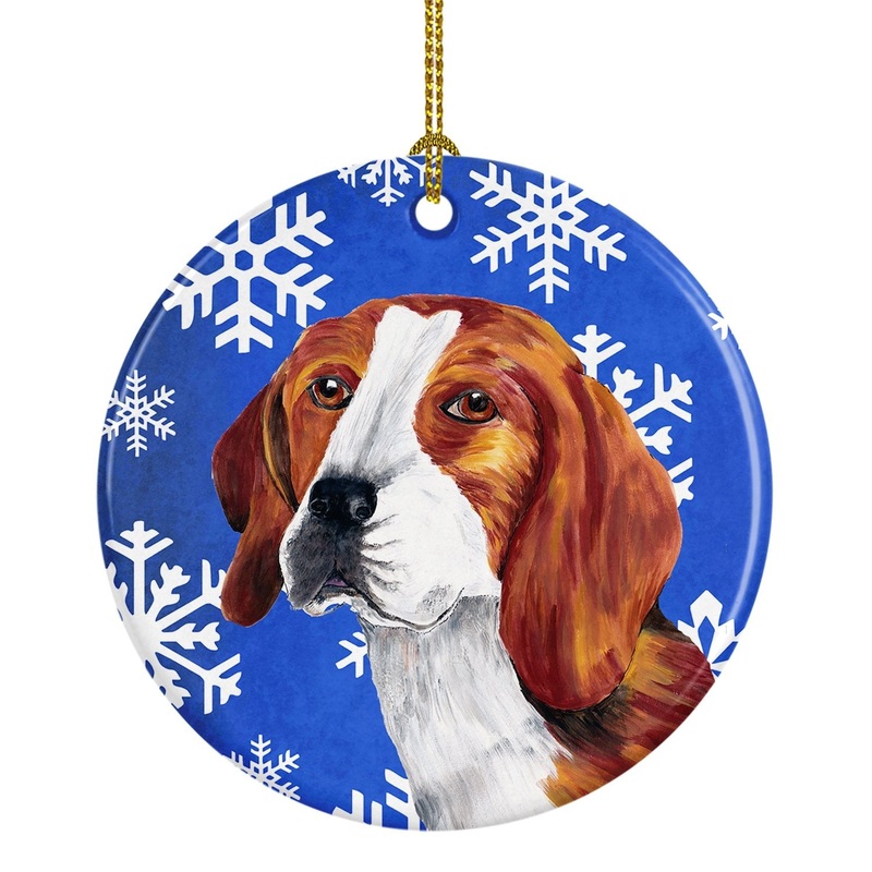 Beagle Winter Snowflakes Holiday Ornament - Round Ceramic Ornament  Artist-Designed Keepsake Decoration SC9369
