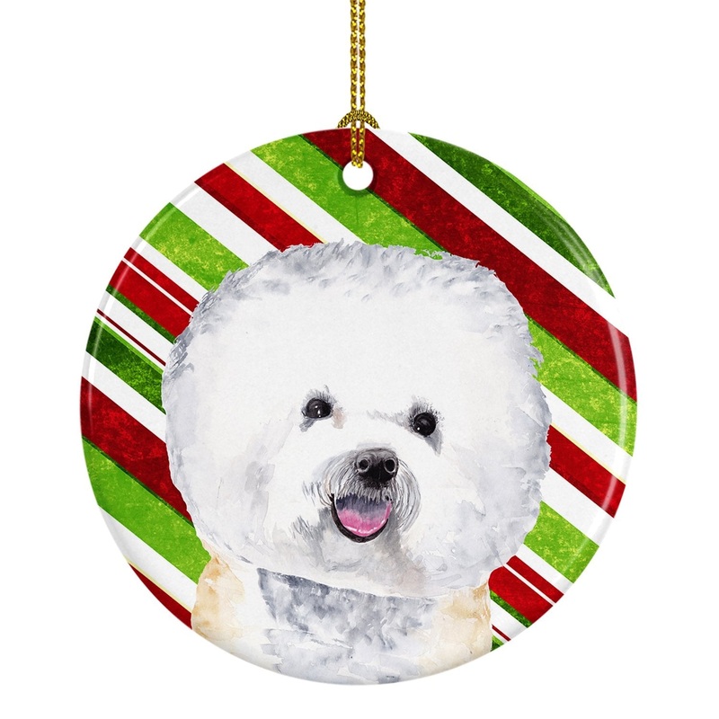 Bichon Frise Candy Cane Holiday Christmas  Ornament - Round Ceramic Ornament  Artist-Designed Keepsake Decoration SC9322