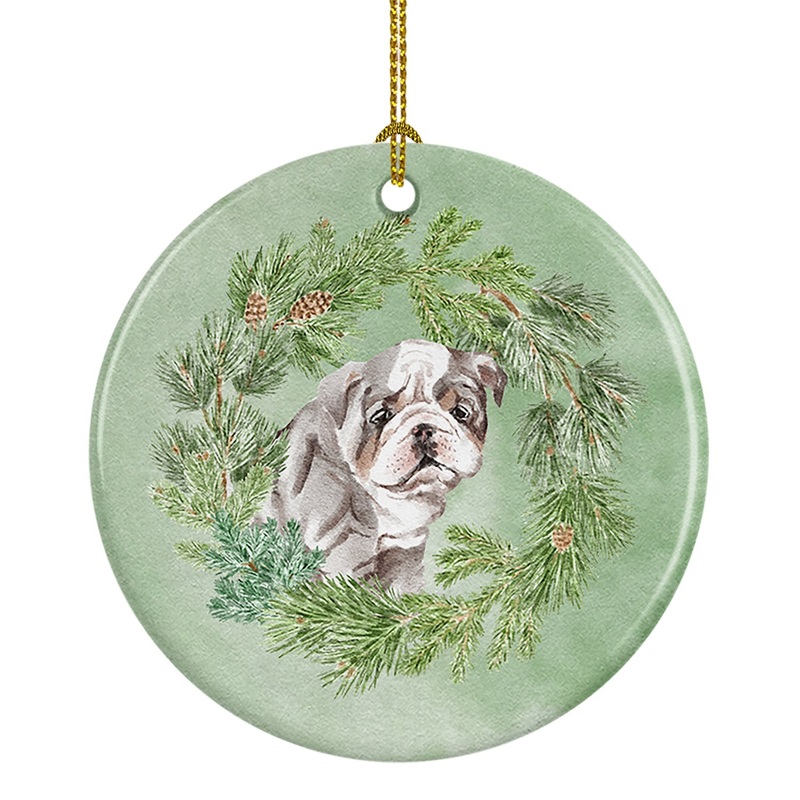 Bulldog Lilac Puppy Christmas Wreath Ceramic Ornament