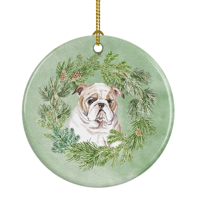 Bulldog Puppy Fawn Christmas Wreath Ceramic Ornament