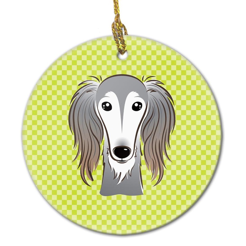 Checkerboard Lime Green Saluki Ceramic Ornament