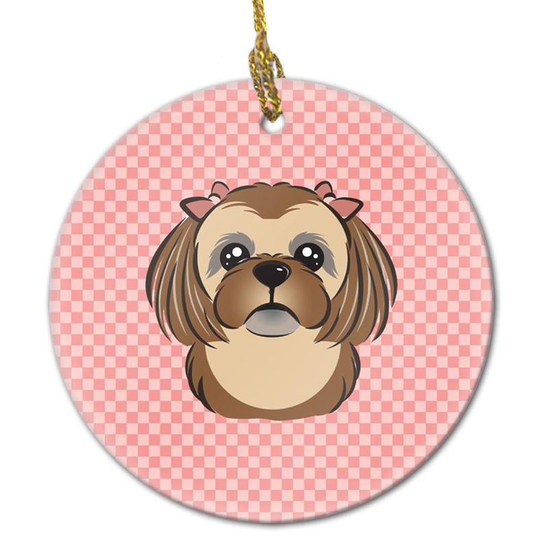 Checkerboard Pink Chocolate Brown Shih Tzu Ceramic Ornament BB1249CO1