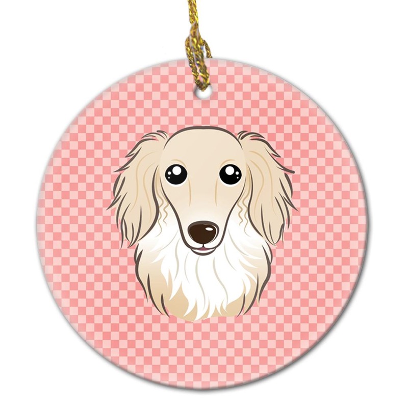 Checkerboard Pink Longhair Creme Dachshund Ceramic Ornament BB1212CO1