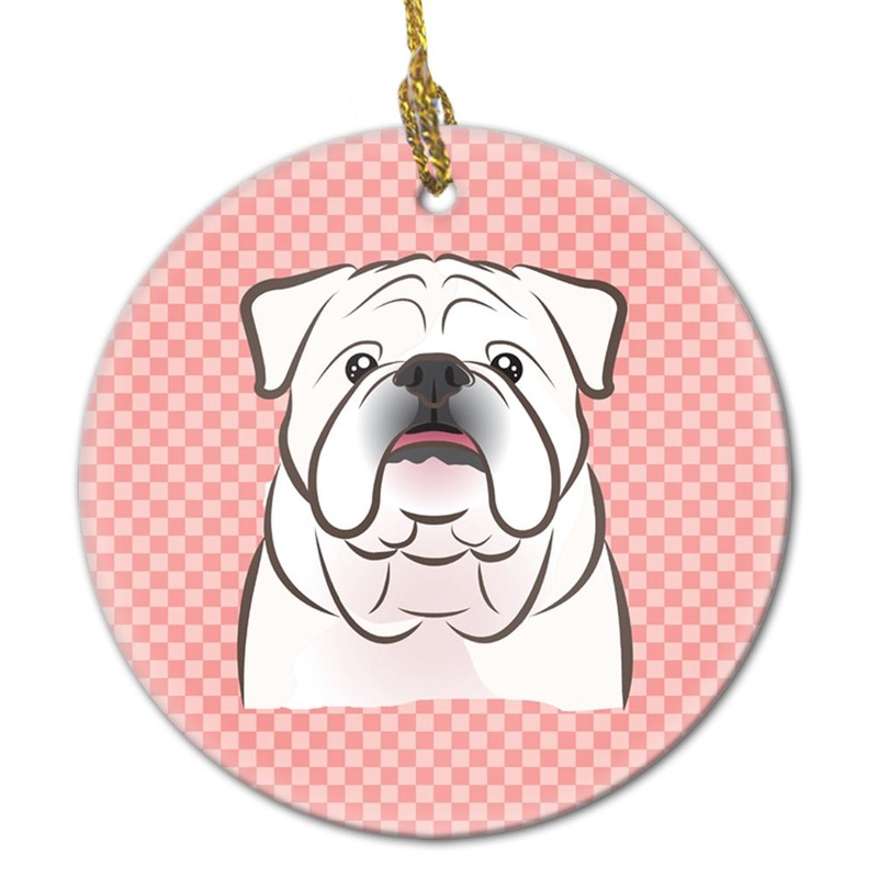Checkerboard Pink White English Bulldog  Ceramic Ornament BB1220CO1