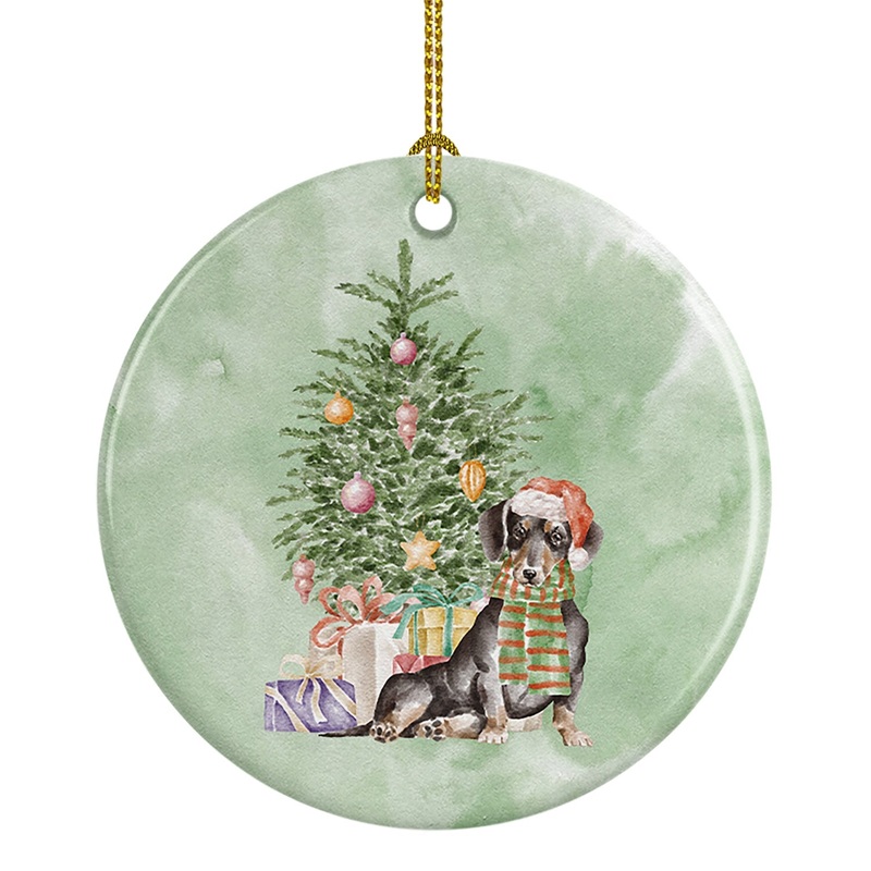 Christmas Dachshund Black Tan Ornament - Round Ceramic Ornament  Artist-Designed Keepsake Decoration