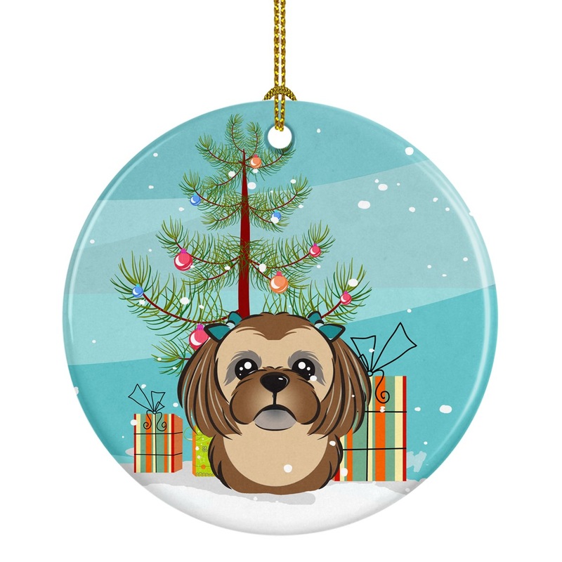 Christmas Tree and Chocolate Brown Shih Tzu Ornament - Round Ceramic Ornament  Artist-Designed Keepsake Decoration BB1621CO1