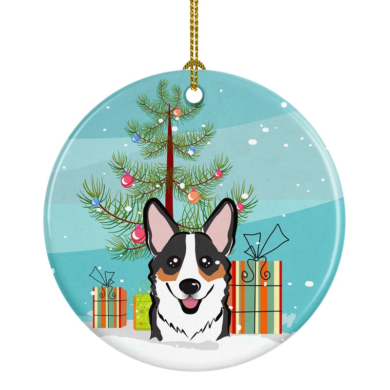 Christmas Tree and Tricolor Corgi Ornament - Round Ceramic Ornament  Artist-Designed Keepsake Decoration BB1627CO1