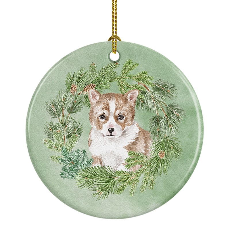 Corgi Puppy Red Christmas Wreath Ceramic Ornament