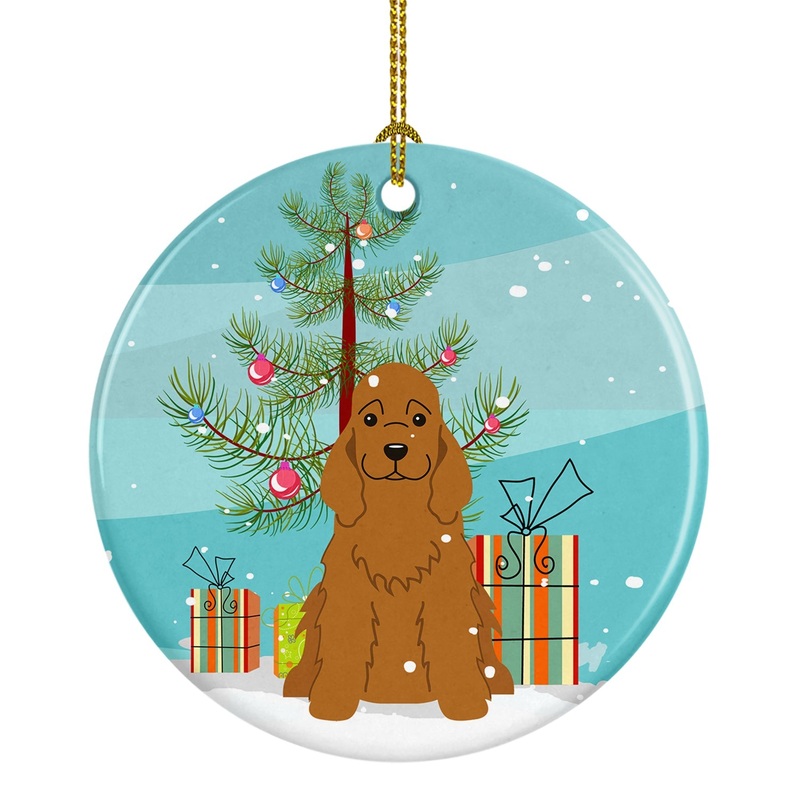 Merry Christmas Tree Cocker Spaniel Red Ornament - Round Ceramic Ornament  Artist-Designed Keepsake Decoration BB4220CO1