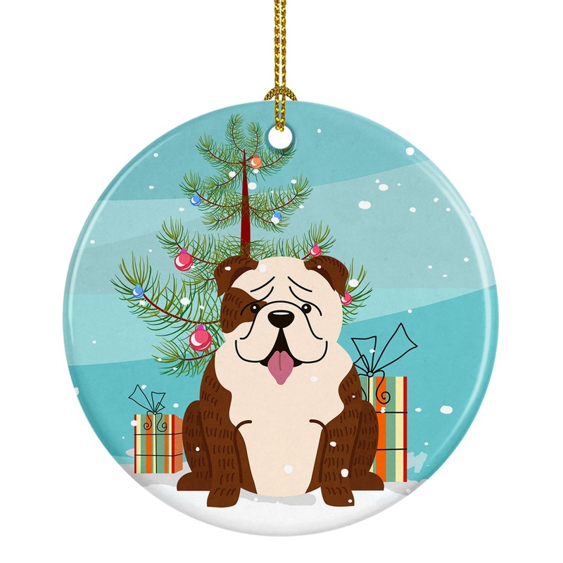 Merry Christmas Tree English Bulldog Brindle White Ornament - Round Ceramic Ornament  Artist-Designed Keepsake Decoration BB4246CO1