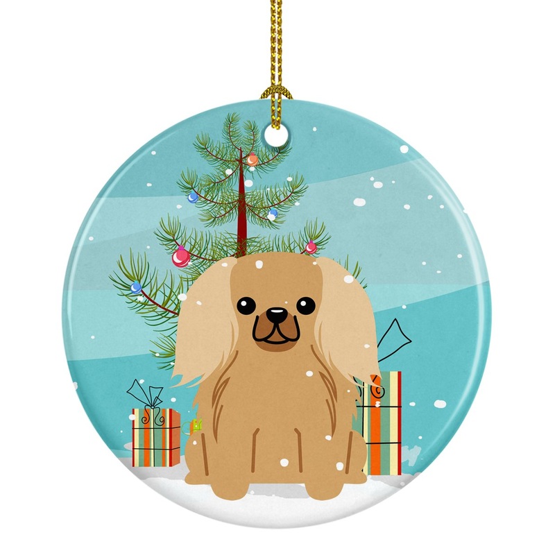 Merry Christmas Tree Pekingnese Fawn Sable Ornament - Round Ceramic Ornament  Artist-Designed Keepsake Decoration BB4229CO1