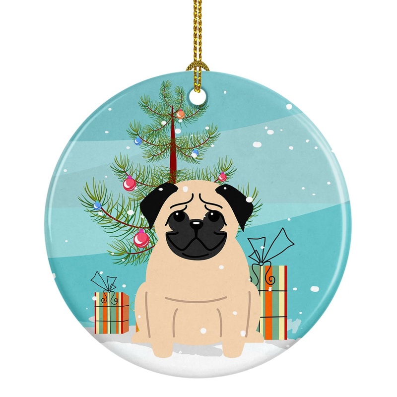 Merry Christmas Tree Pug Fawn Ornament - Round Ceramic Ornament  Artist-Designed Keepsake Decoration BB4133CO1