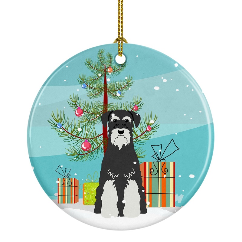 Merry Christmas Tree Standard Schnauzer Salt and Pepper Ornament - Round Ceramic Ornament  Artist-Designed Keepsake Decoration BB4158CO1