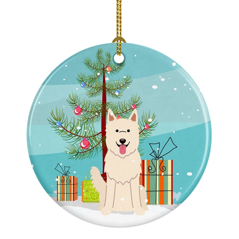 Merry Christmas Tree White German Shepherd Ornament - Round Ceramic Ornament  Artist-Designed Keepsake Decoration BB4170CO1