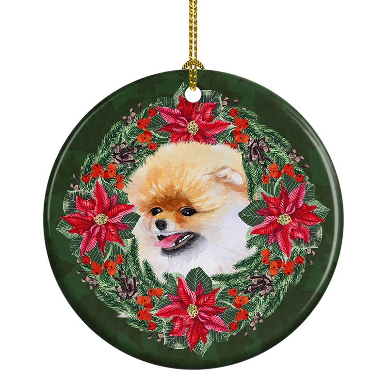 Pomeranian Poinsetta Wreath Ornament - Round Ceramic Ornament  Artist-Designed Keepsake Decoration
