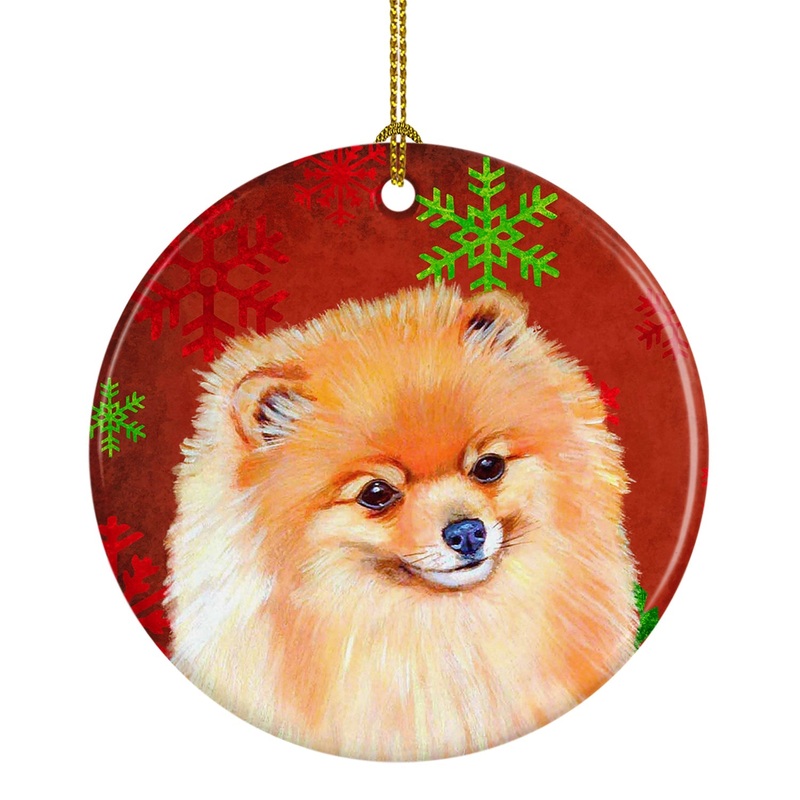 Pomeranian Red Snowflake Holiday Christmas Ornament - Round Ceramic Ornament  Artist-Designed Keepsake Decoration LH9350