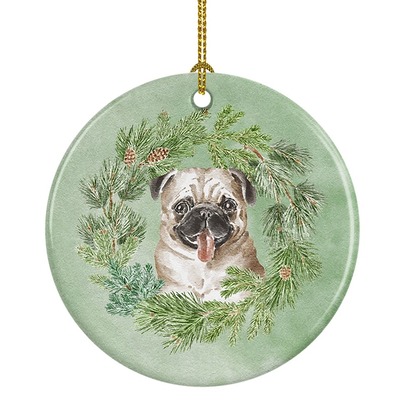 Pug Fawn Christmas Wreath Ceramic Ornament