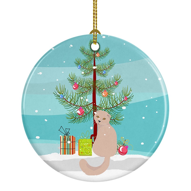 Scottish Fold Cat Merry Christmas Ornament - Round Ceramic Ornament  Artist-Designed Keepsake Decoration