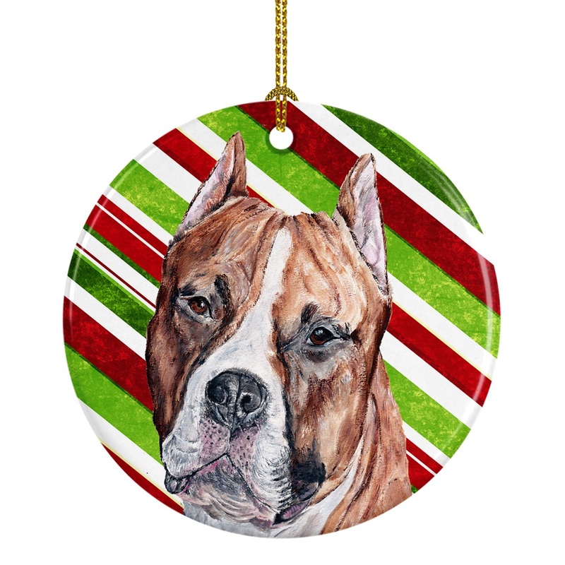 Staffordshire Bull Terrier Staffie Candy Cane Christmas Ornament - Round Ceramic Ornament  Artist-Designed Keepsake Decoration SC9800CO1