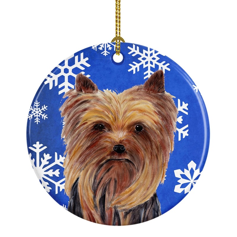 Yorkie Winter Snowflakes Holiday Ornament - Round Ceramic Ornament  Artist-Designed Keepsake Decoration SC9365
