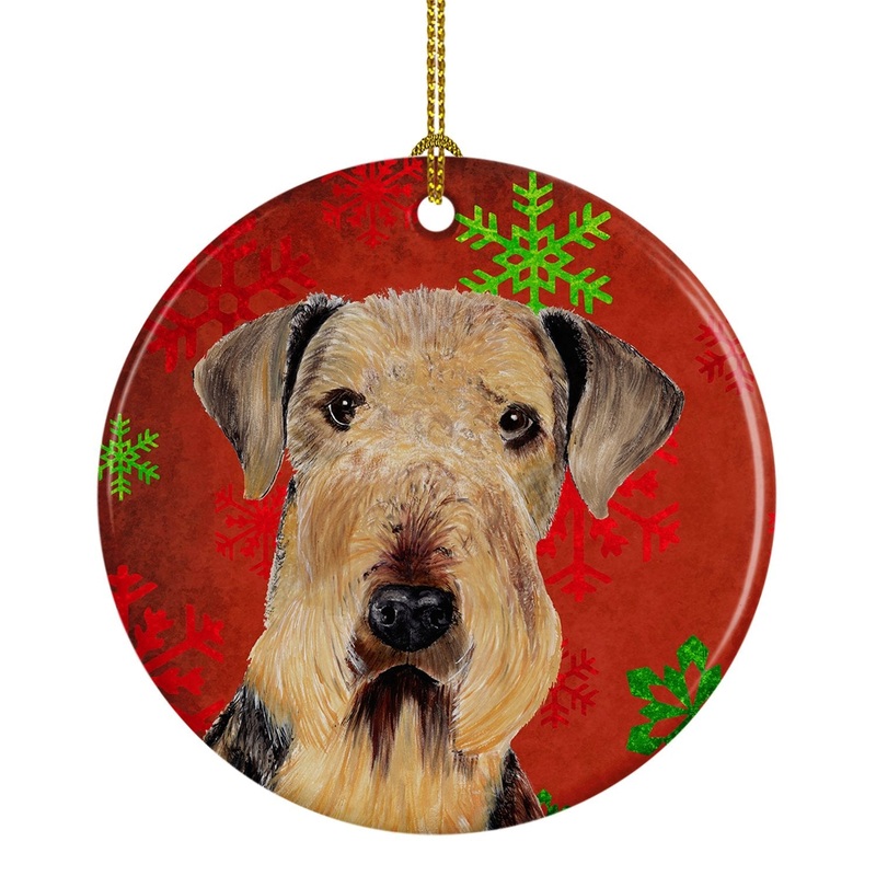 Airedale Red Snowflakes Holiday Christmas Ornament - Round Ceramic Ornament  Artist-Designed Keepsake Decoration SC9413